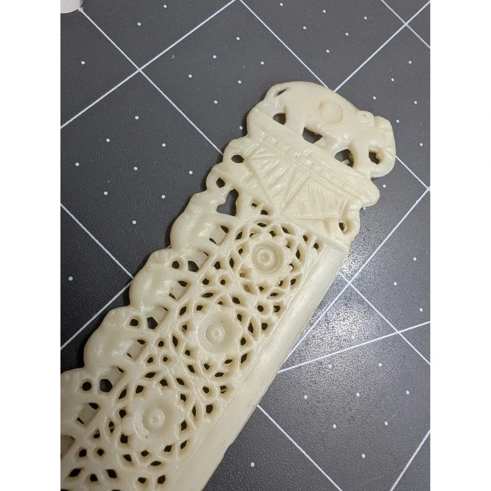 Carved Elephant Letter Opener lace‎ detail Ivory Color Celluloid Plastic